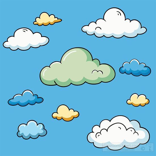 Multiple cartoon clouds in different colors and shapes with whit