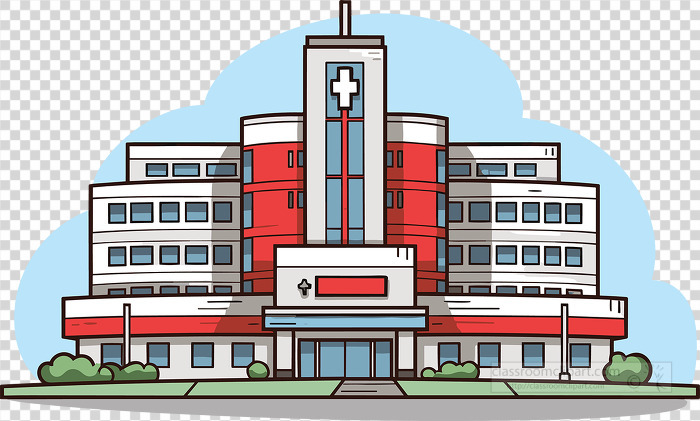 multistory hospital buildings prominent cross symbol