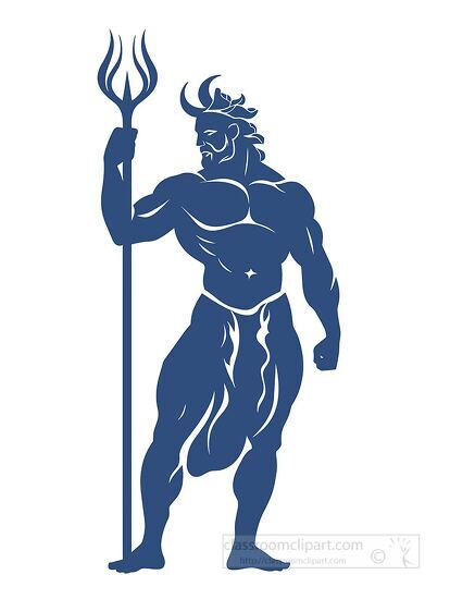 muscular sea god holding a trident in a blue silhouette