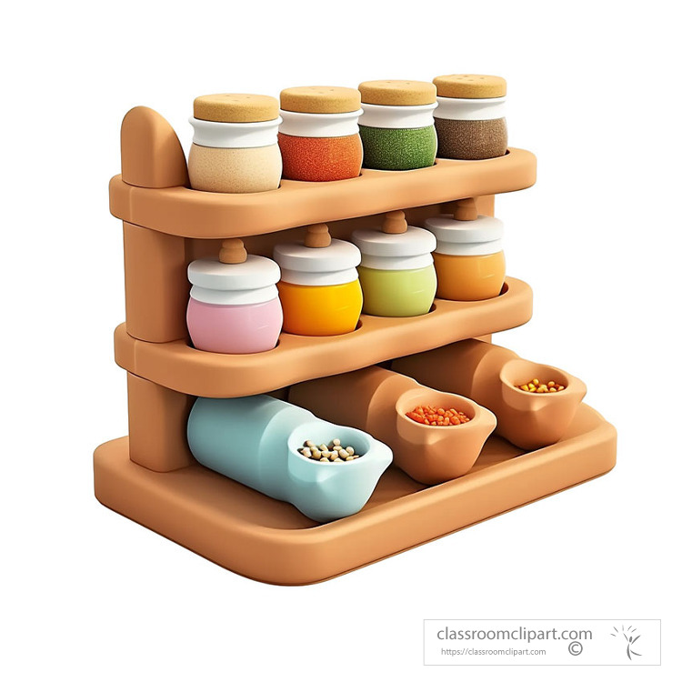 neatly arranged 3D clay icon spice rack with colorful jars