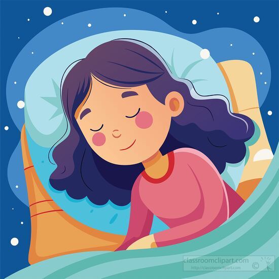 night scene shows a girl peacefully in her bed surrounded by warm colors and stars while sleeping clipart