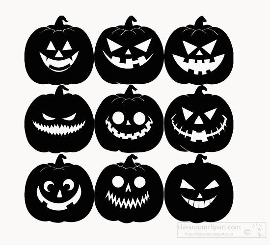 Nine  pumpkin silhouette creepy faces clipart