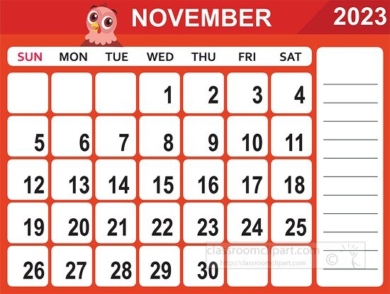 november 2023 calendar with days of the week printable clipart c