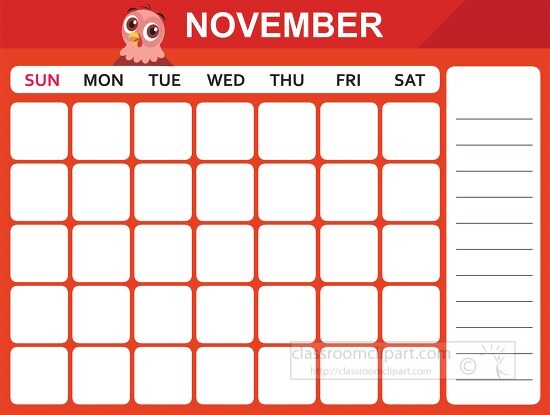 november calendar with days of the week printable