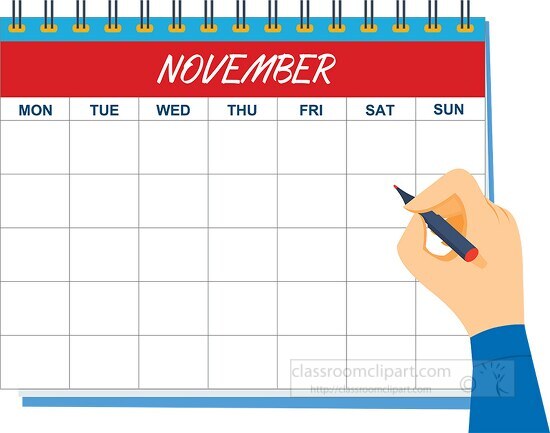 november calendar with hand holding pen clipart