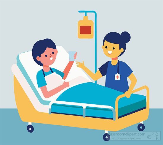 nurse hands a cup to a patient lying in bed