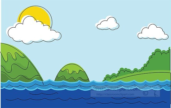 ocean water scene with islands blue sunny sky with clouds