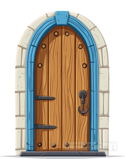 old fashioned wooden door reinforced with metal and set in a sto