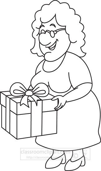 old lady grandmother with gift box black outline