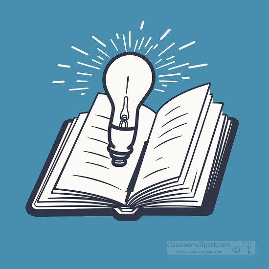 open book with a light bulb on top blue background