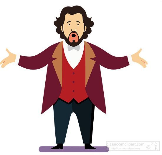 male opera singer with outstretched arms performing in a red and brown suit clipart