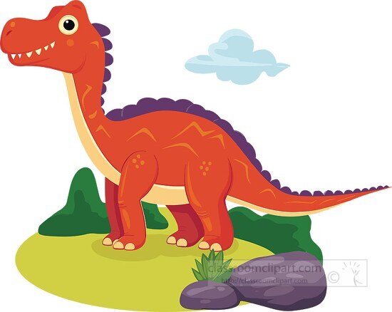 orange dinosaur with purple spines and a happy expression walks 