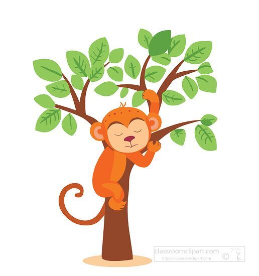 Orange monkey sleeping on a tree branch with green leaves