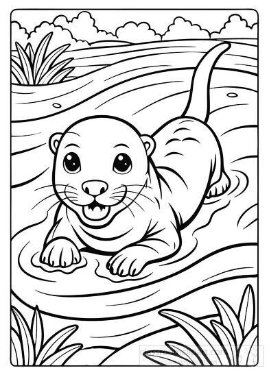 otter swimming playfully in a river black outline