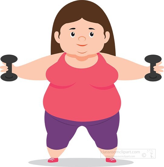 overweight woman arms stretched holding weights during exercise 