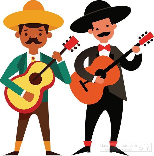 pair of mariachi musicians in bright outfits playing guitars per