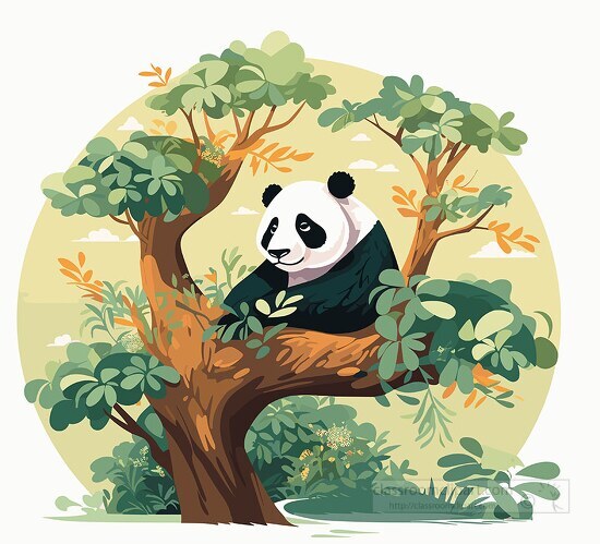 panda sits in a large tree full of leaves clip art