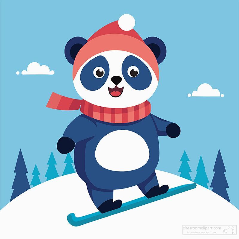 panda wearing a red hat and scarf snowboarding down a slope in the winter