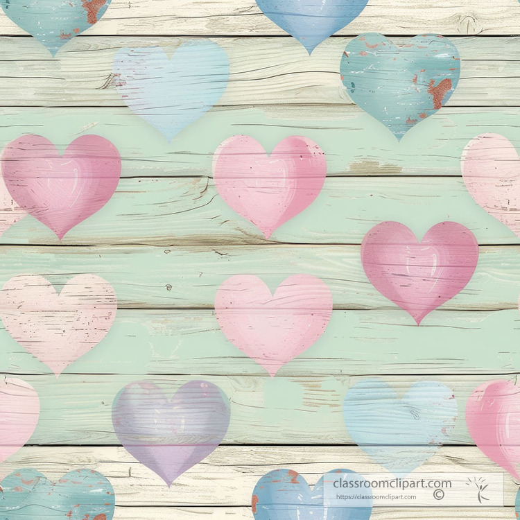 pastel colored wooden hearts on a rustic blue plank background