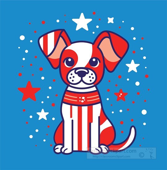 patriotic dog surrounded by stars on a blue background