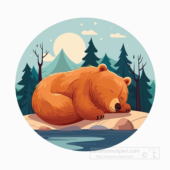 peaceful bear sleeping along the sores of a lake