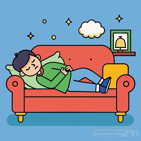 person green sweater naps on a red couch