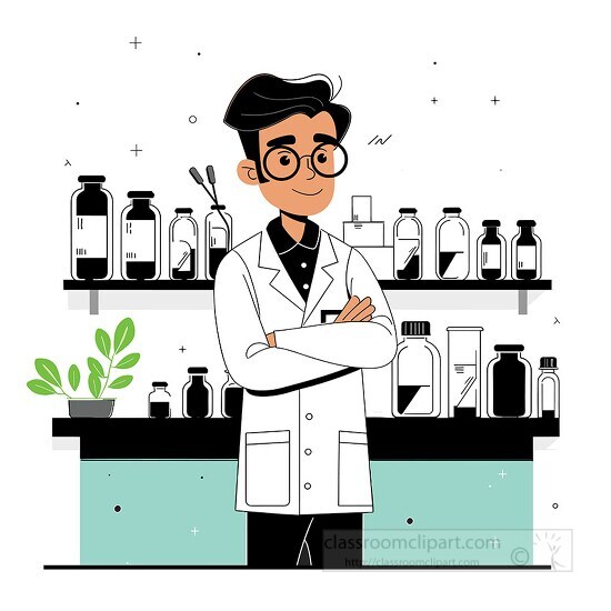 Pharmacist with bottles and plants