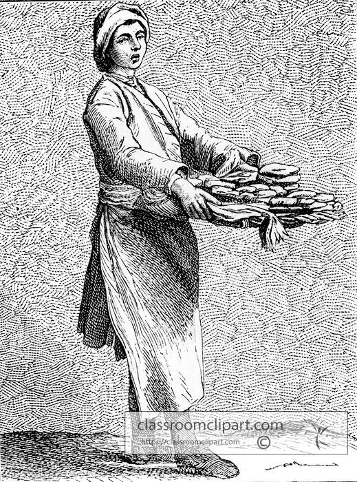 18th century french woman holds a basket of hot food for sale