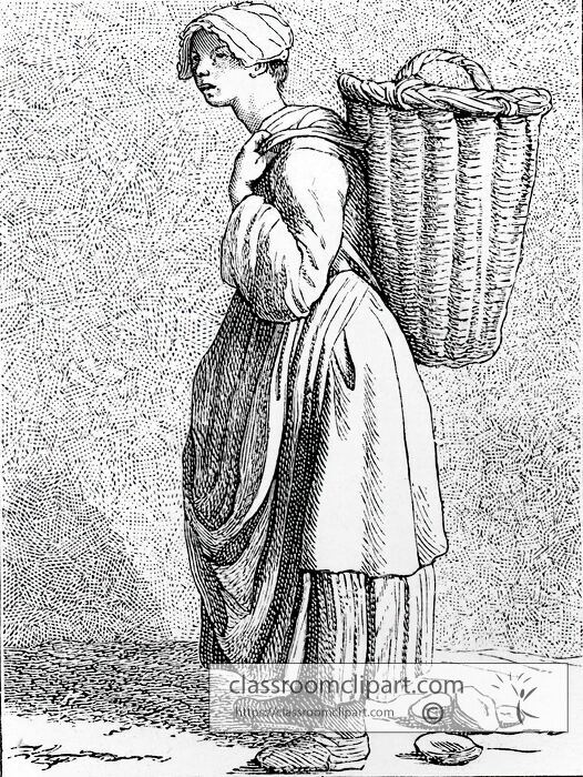 18th century french woman holds basket with oysters for sale