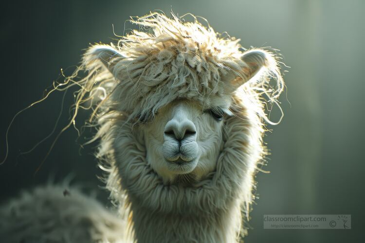 a fluffy white alpaca with messy hair