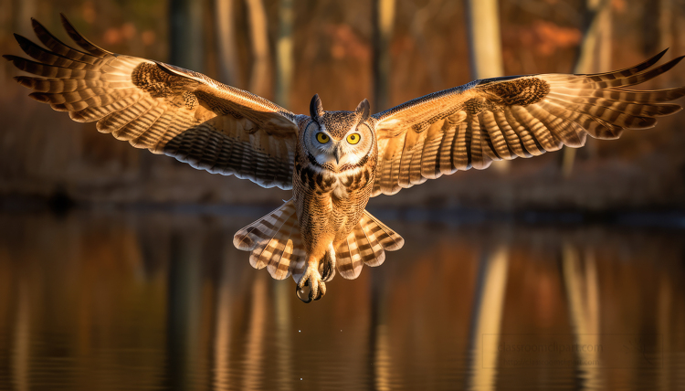 a great horned owl flying in the fall folliage