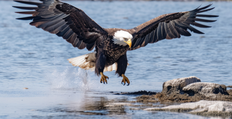 a male bald eagle is landing in the sea looking for food
