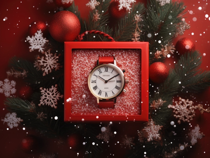 a watch in a festive red box with christmas decorations in the b