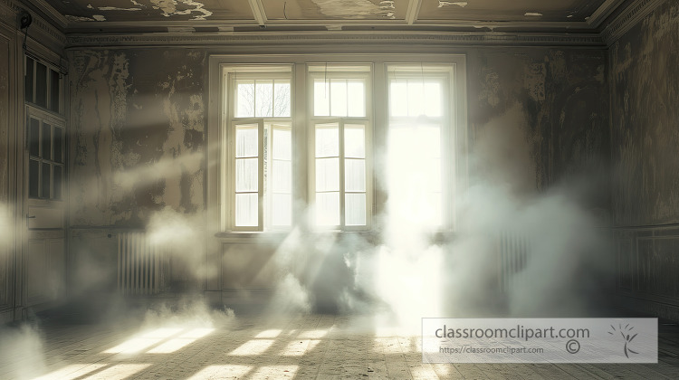Abandoned room filled with smoke and sunbeams through the window