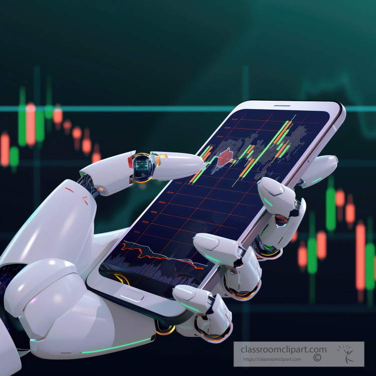 ai robot hand holds a phone trading in the stock market