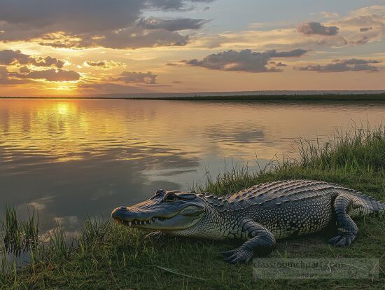 alligator rests on the riverbank as the sun sets over a calm lake