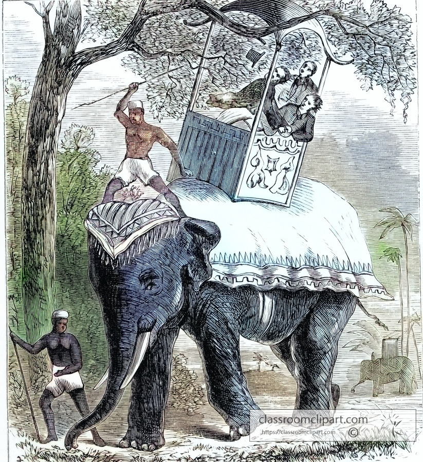 an elephant ride with mahout and howdah historical illustration