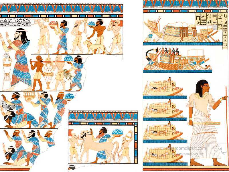 ancient egyptian boats ships with-people with vases foods