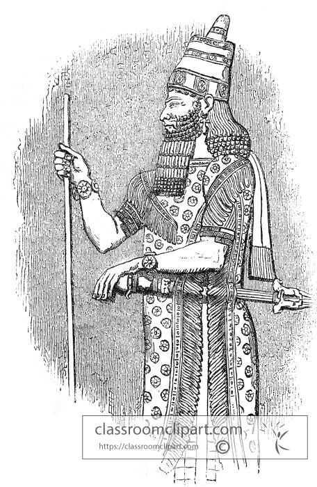 ancient ruler with staff and ornate attire