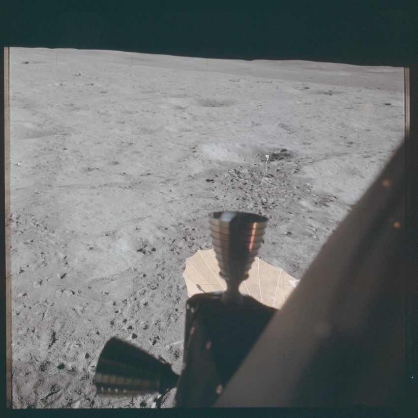 apollo 14 on moon thrusters toward the TV camera and the S-Band 