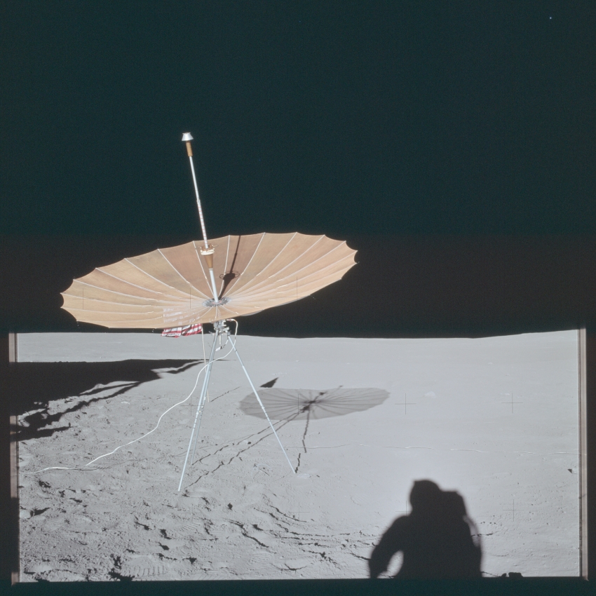 apollo 14-S-Band antenna and the flag directly behind it on moon
