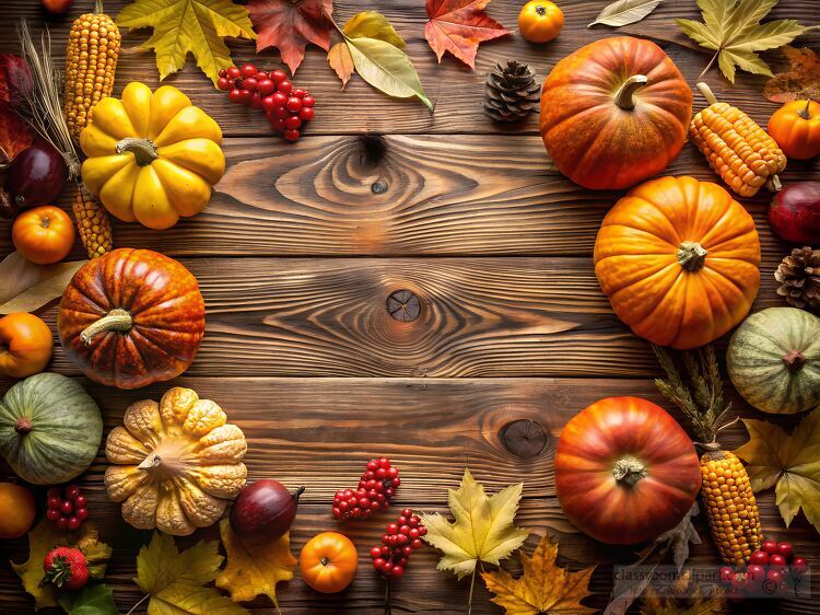 arrangement of pumpkins gourds corn and autumn leaves forms a bo