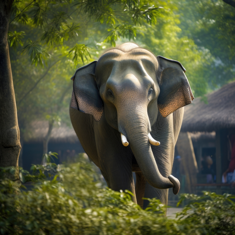 Asian elephant as it walks through a lush vegetation