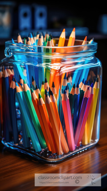 Assorted colored pencils in a transparent glass container