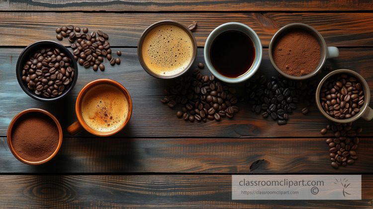 Assorted cups of coffee and coffee beans on a wooden table