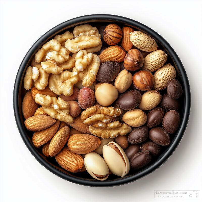 Assorted nuts and dried fruits arranged in a black bowl against a white background