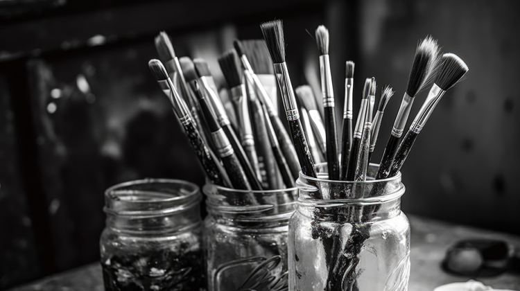 assortment of artists brushes in various sizes lined up in glass