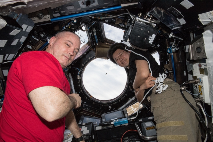 astronauts scott tingle and norishige kanai watch dragon cargo c