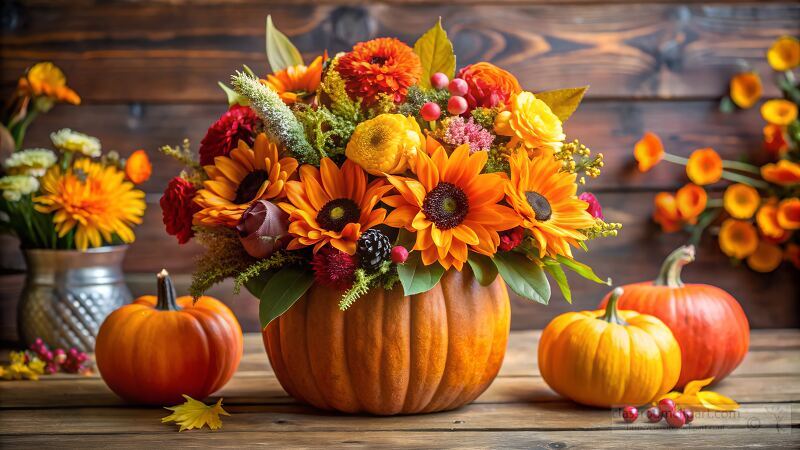 autumn floral arrangement with sunflowers marigolds and berries