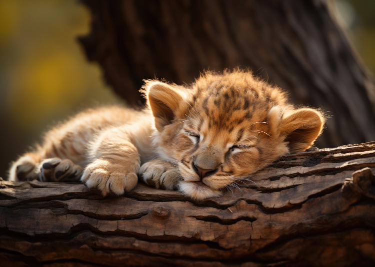 baby lion sleeping peacefully on a fallen tree branch